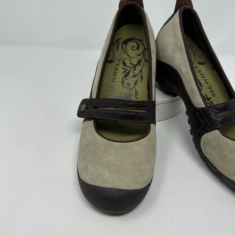 Merrell Size 7.5 Mary Jane Plaza Bandeau Dark Taupe Leather Wedge Comfort Shoe